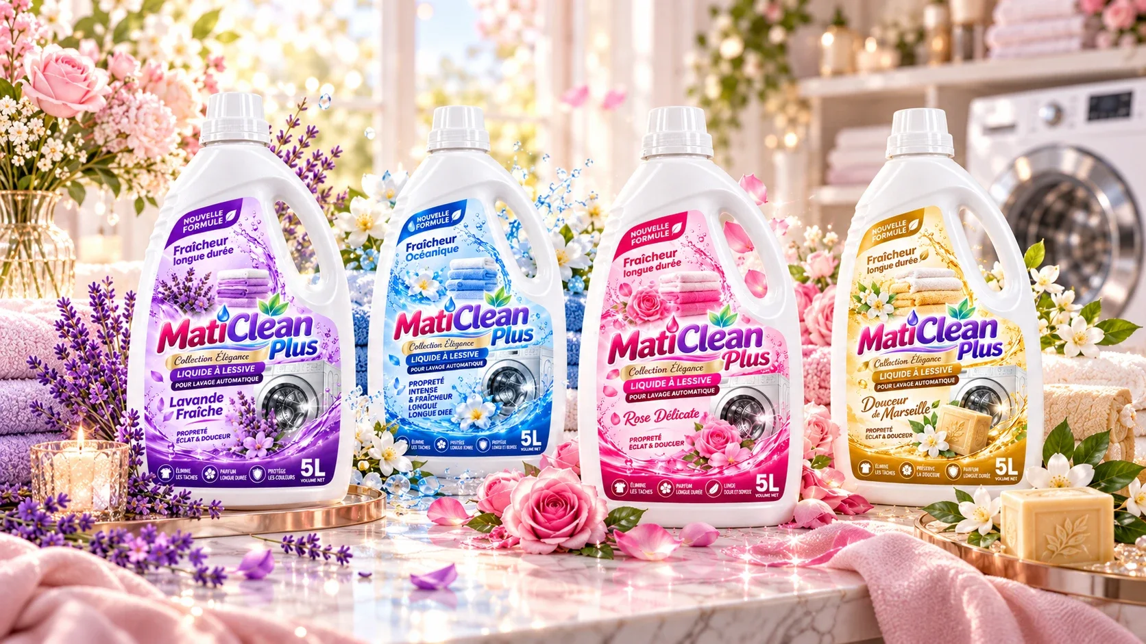 Les quatre liquides à lessive MatiClean Plus Collection Élégance : Lavande Fraîche, Fraîcheur Océanique, Rose Délicate et Douceur de Marseille